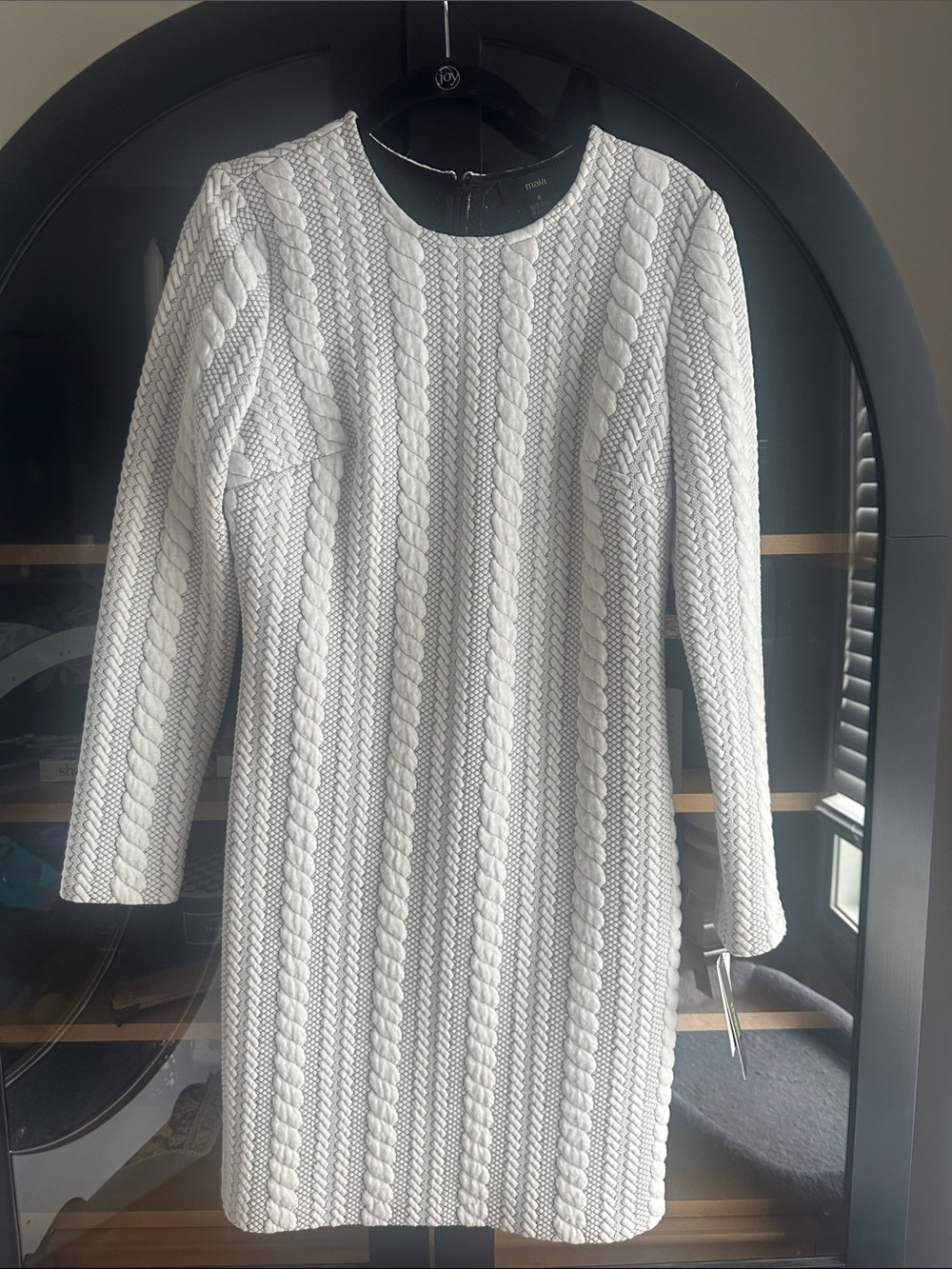 White Cable-Texture Long Sleeve Shift Dress